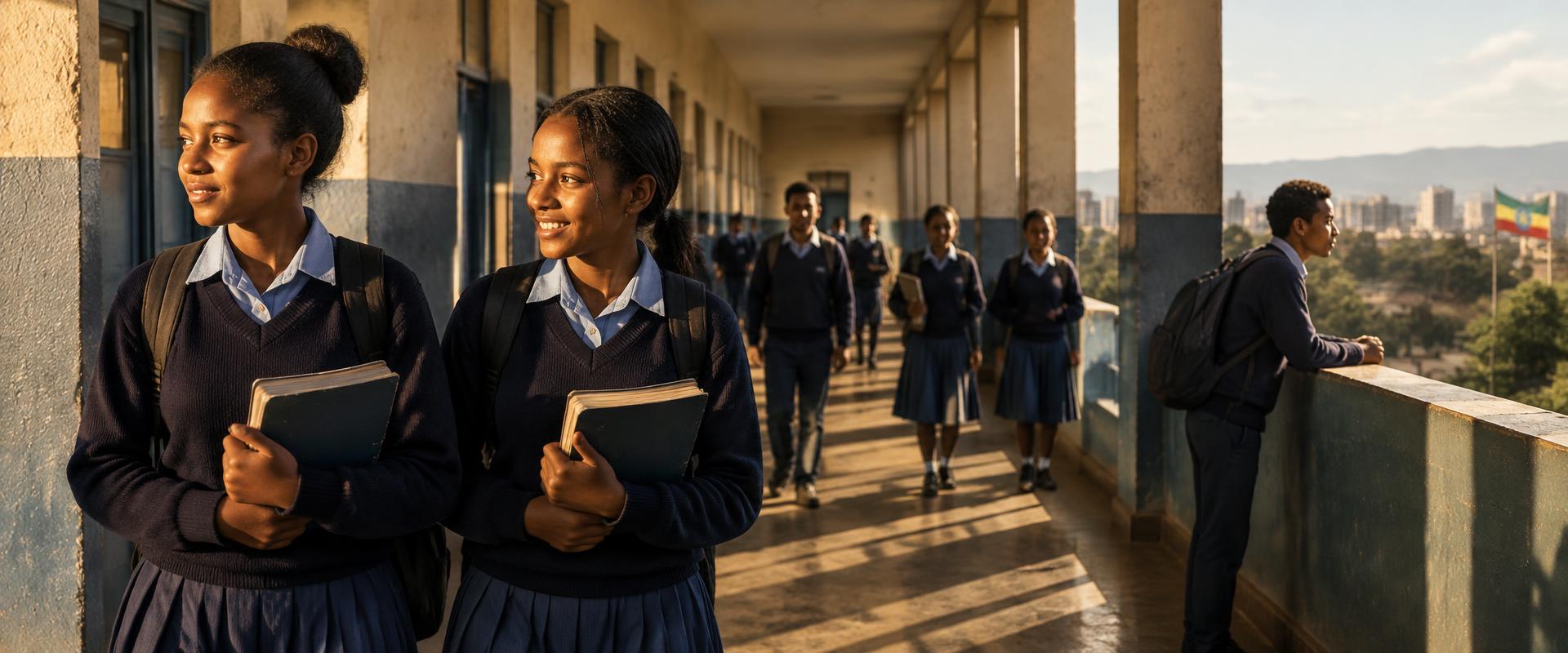 Ethiopian students in a sunlit school corridor